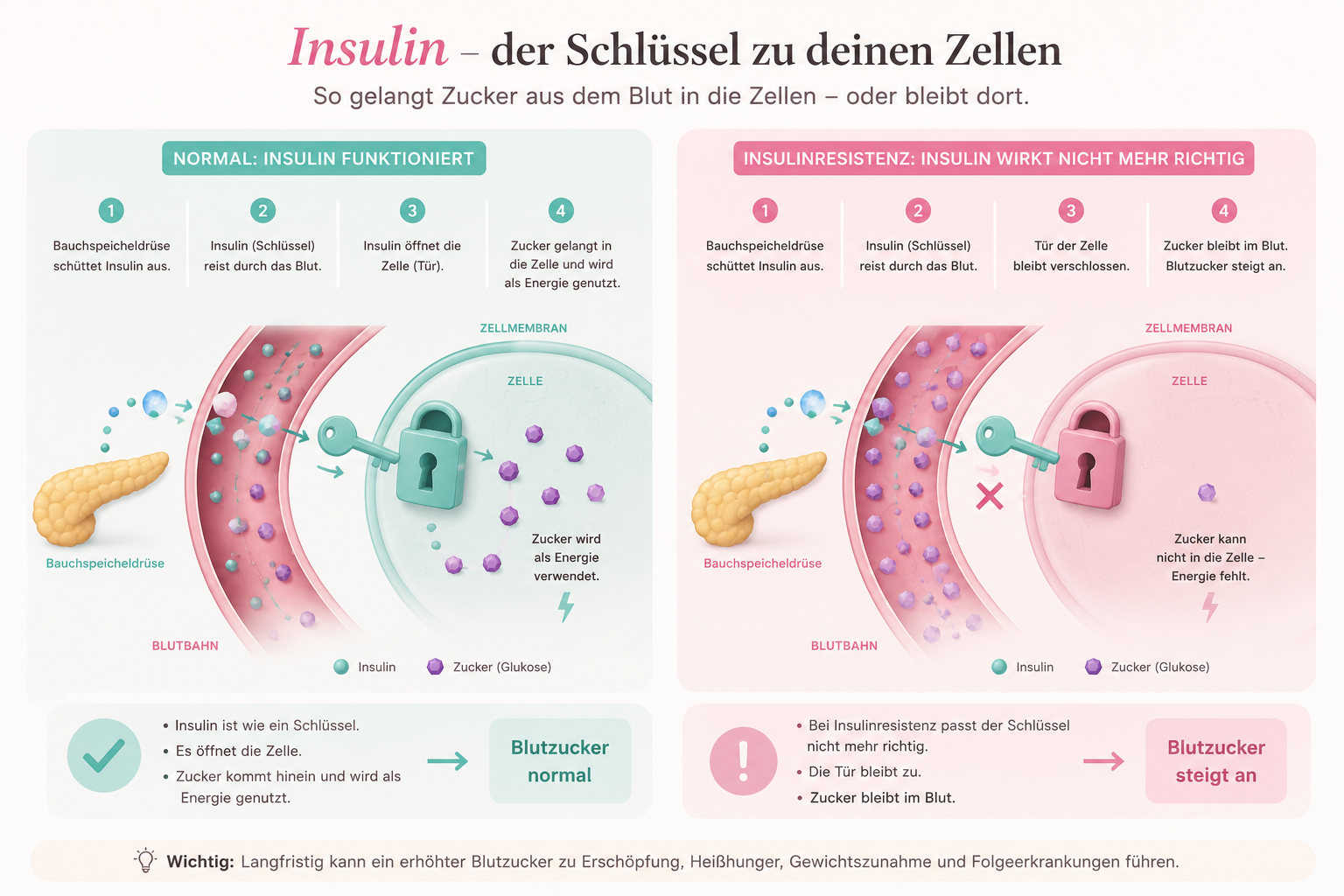 Wirkung von Insulin: gesund vs. Insulinresistenz
